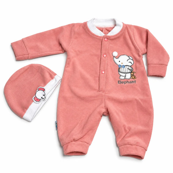 Newborn Elephant Peach Polar Fleece Romper Set with Matching Cap