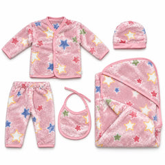Newborn Pink Star Fleece Winter | 5-Piece Baby Outfit