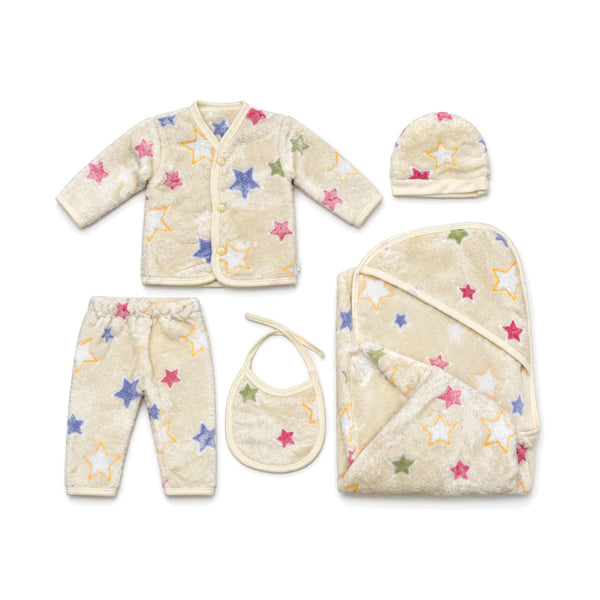 Newborn Cream Star Fleece Winter | 5-Piece Baby Outfit