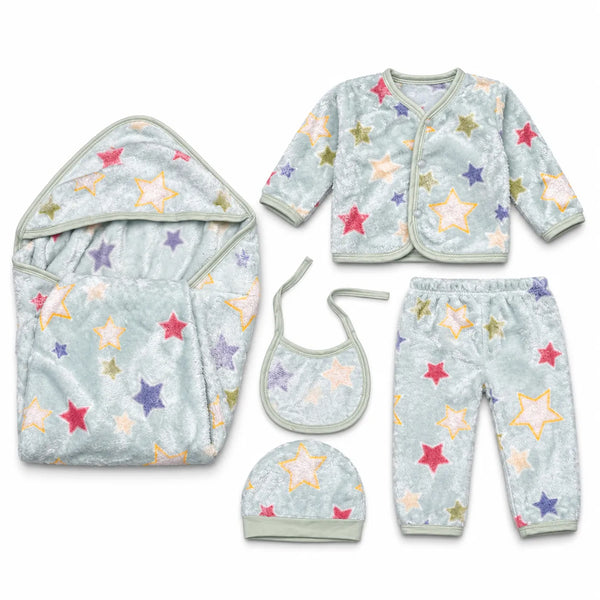 Newborn Baby Blue Star Fleece Winter | 5-Piece Baby Outfit