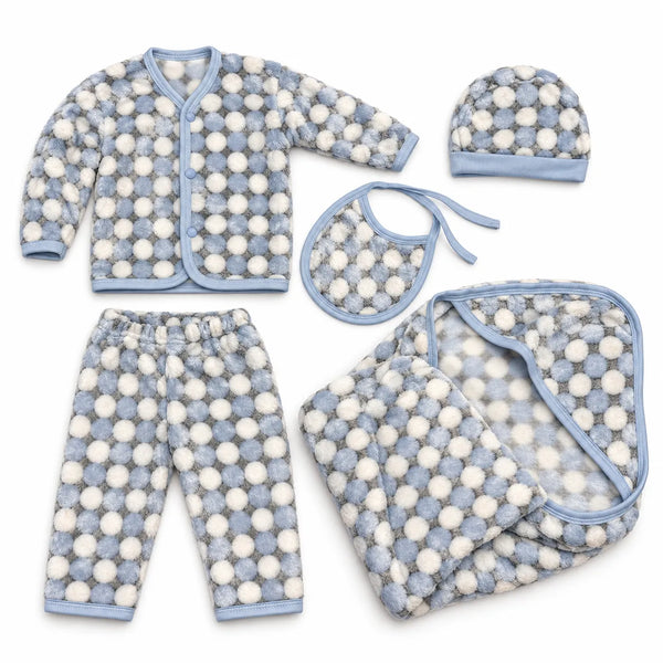 Newborn Dotted Blue Polar Fleece Set | 5-Piece Baby Outfit