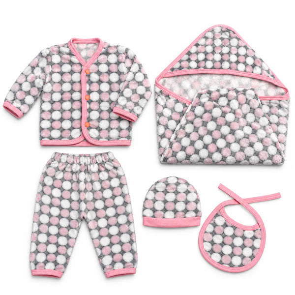 Newborn Dotted Baby Pink Polar Fleece Set | 5-Piece Baby Outfit