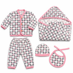 Newborn Dotted Baby Pink Polar Fleece Set | 5-Piece Baby Outfit