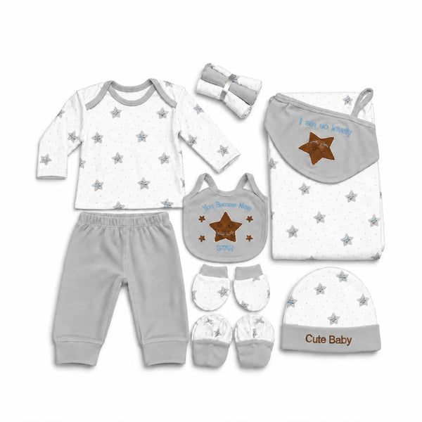 Newborn Grey Star Polar Fleece Winter Set | 11-Piece Baby Outfit Set