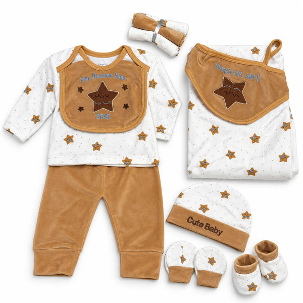 Newborn Brown Star Polar Fleece Winter Set | 11-Piece Baby Outfit Set