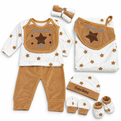 Newborn Brown Star Polar Fleece Winter Set | 11-Piece Baby Outfit Set