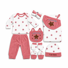 Newborn Pink Star Polar Fleece Winter Set | 11-Piece Baby Outfit Set
