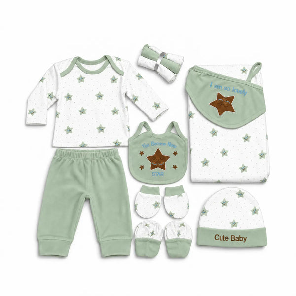 Newborn Green Star Polar Fleece Winter Set | 11-Piece Baby Outfit Set
