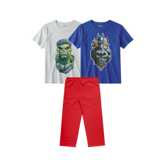 Hulk and Batman White & Blue Shirts + Red Trouser Bundle