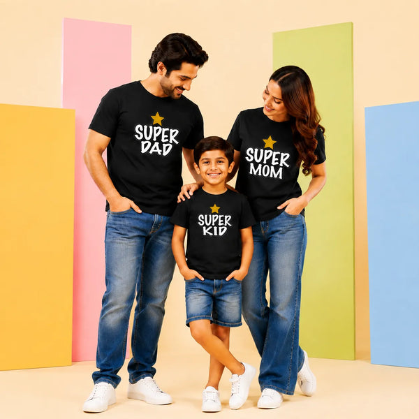 Super Kid Mother, Father & Son Matching T-Shirt Bundle - Black
