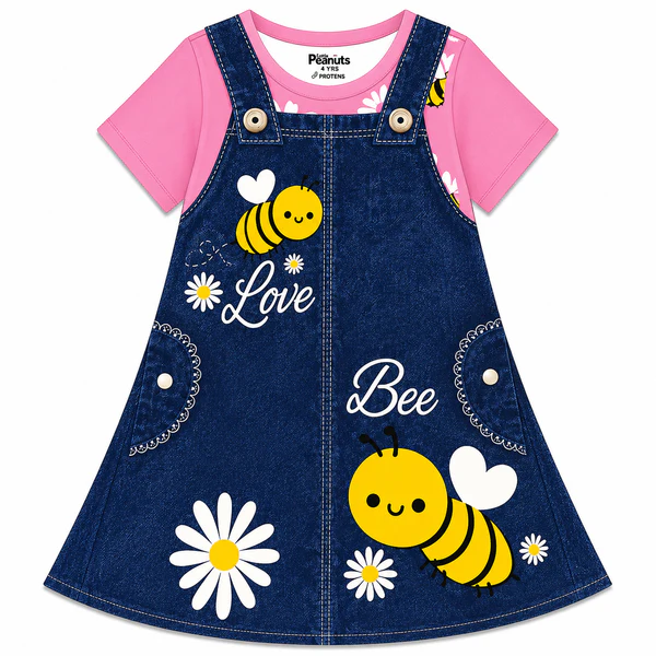 DIGITAL GIRL'S FROCK - PINK LOVE BEE DENIM LOOK