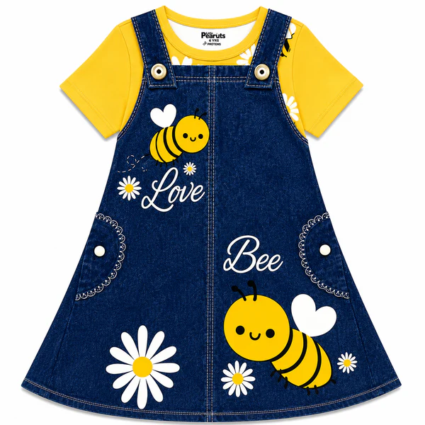 DIGITAL GIRL'S FROCK - YELLOW LOVE BEE DENIM LOOK