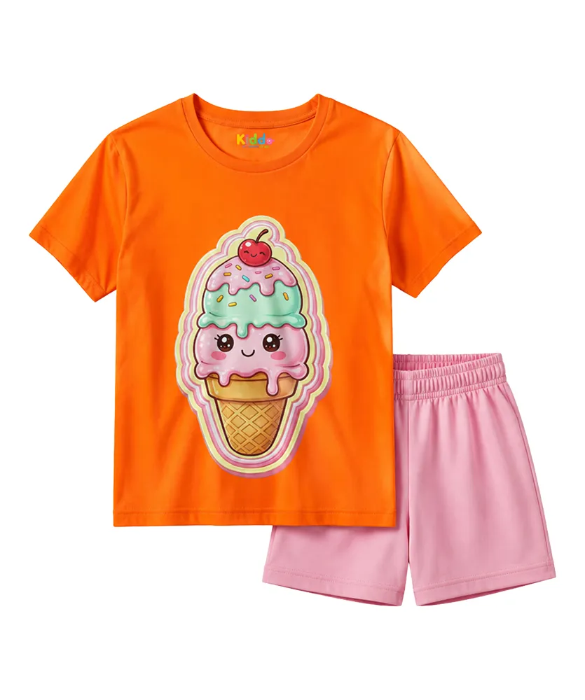 Girls Orange Ice Cream T-Shirt & Pink Shorts Set