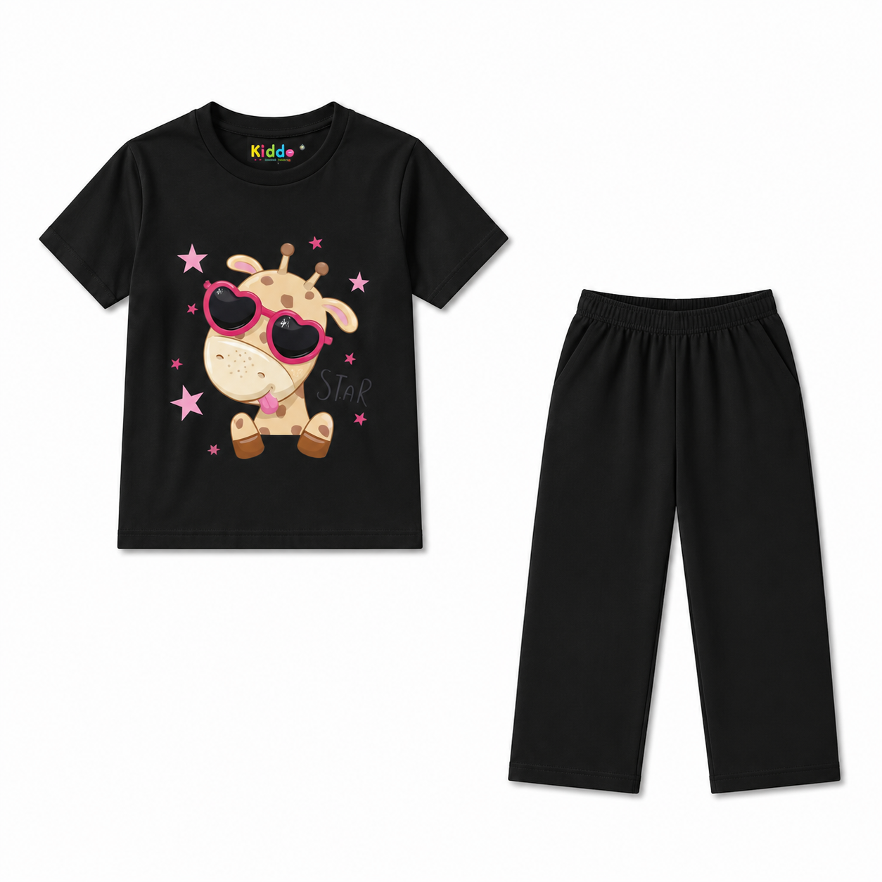 Kids Black Giraffe T-Shirt & Pants Set