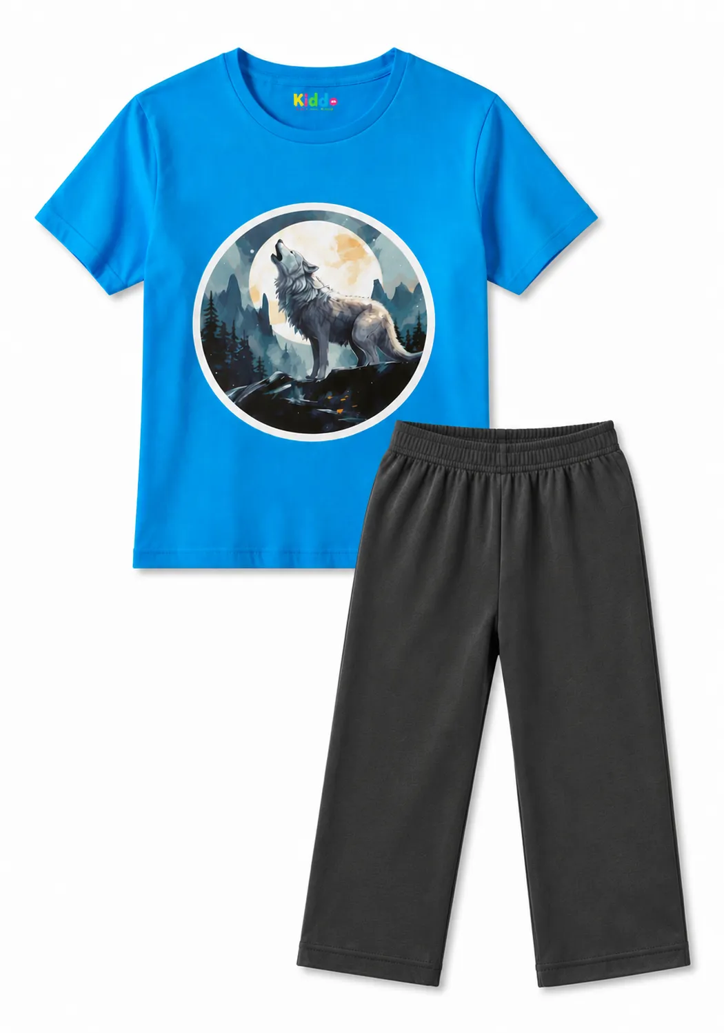 Kids Wolf Print Co-Ord Set – Blue T-Shirt & Black Trouser