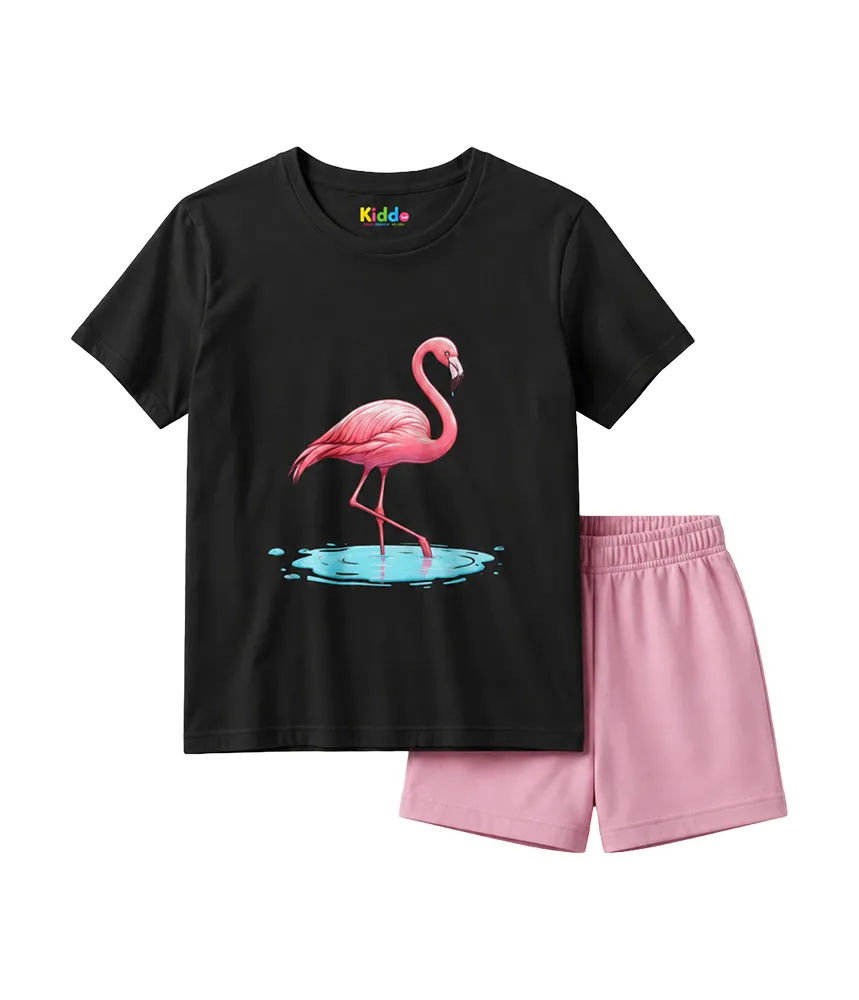 Kids Black Flamingo T-Shirt & Pink Shorts Set