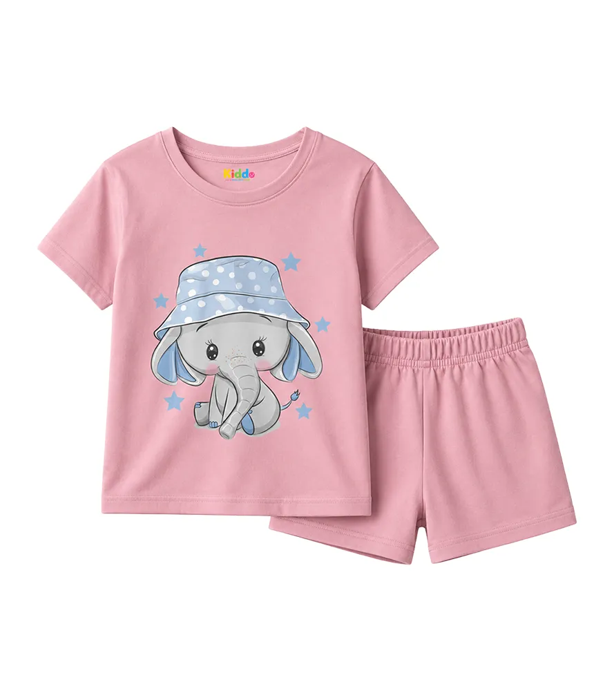 Kids Cute Elephant Graphic T-Shirt & Shorts Set – Pink
