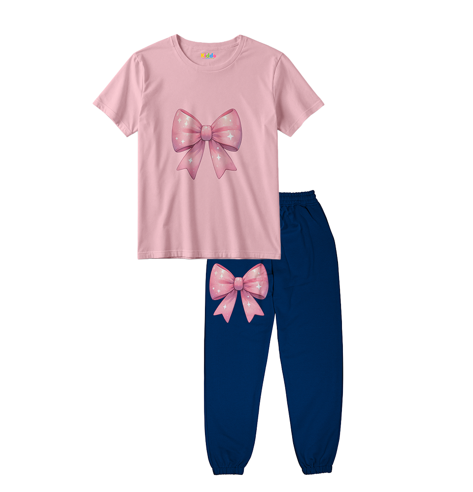 Girls Pink Bow T-Shirt & Jogger Set