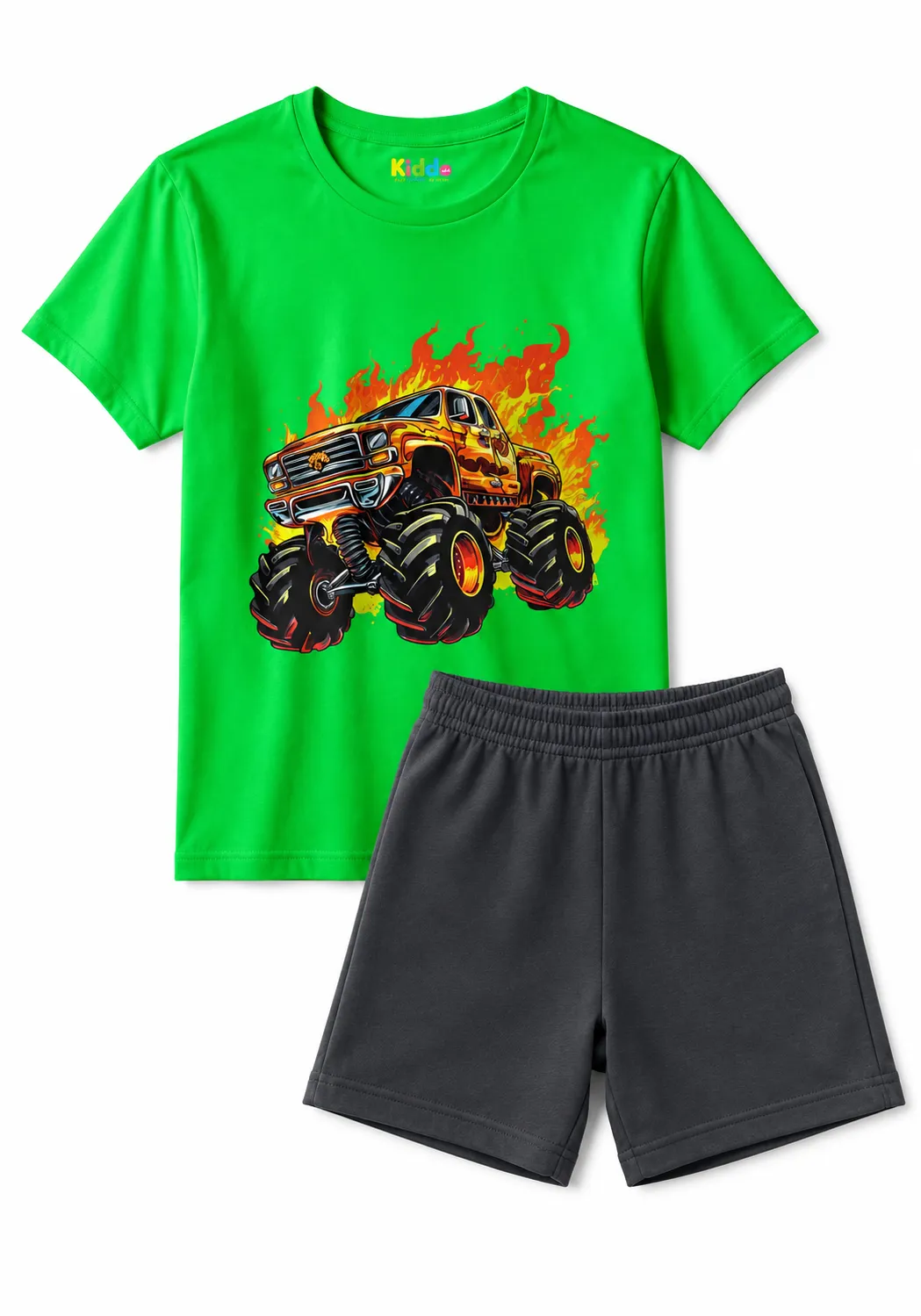 Kids Monster Truck Co-Ord Set – Green T-Shirt & Black Shorts