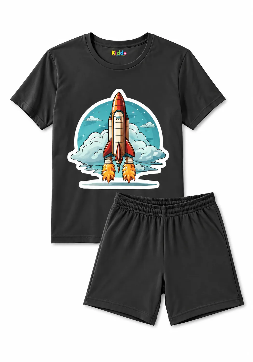 Kids Rocket Print Co-Ord Set – Black T-Shirt & Shorts