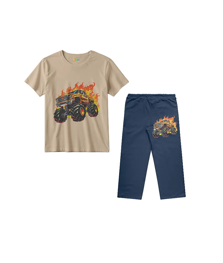 Kids Monster Truck Co-Ord Set – Beige T-Shirt & Navy Trouser