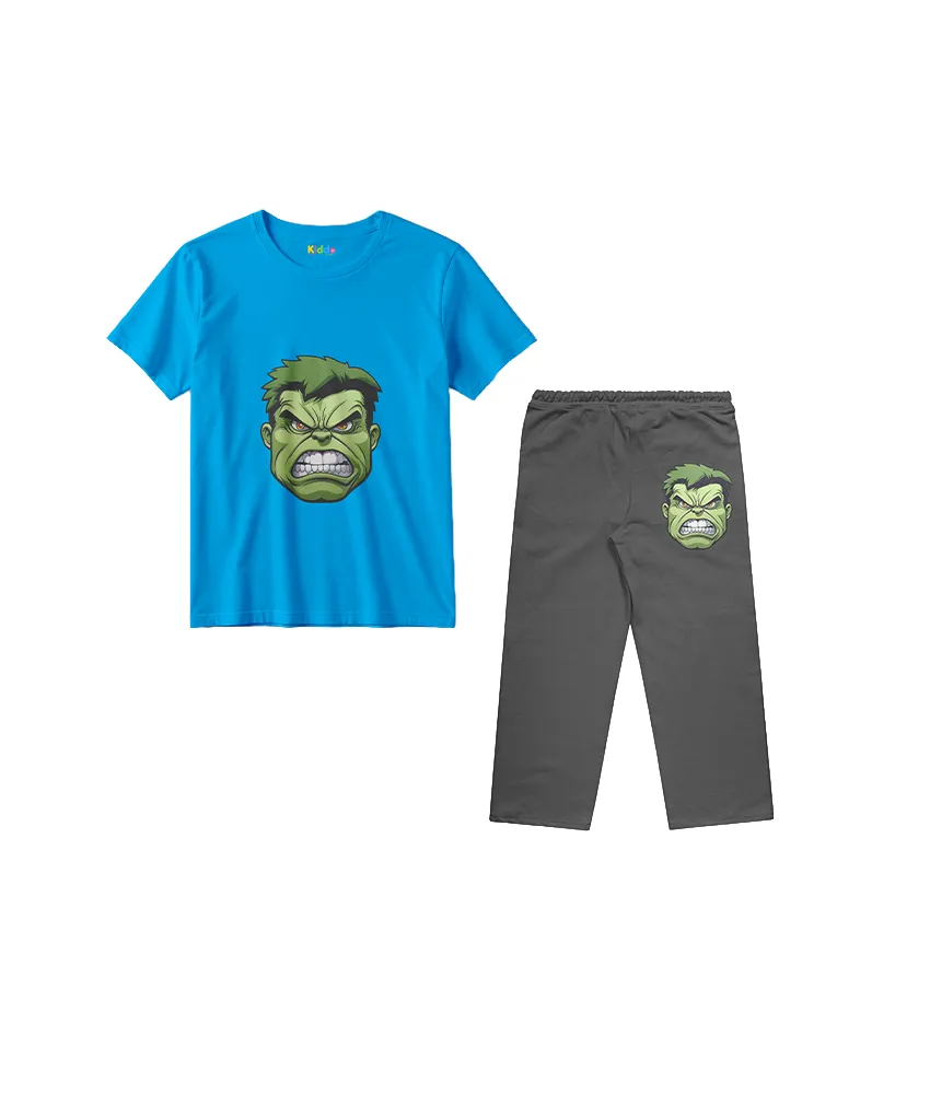 Kids Green Hero Face Print T-Shirt & Trouser Set