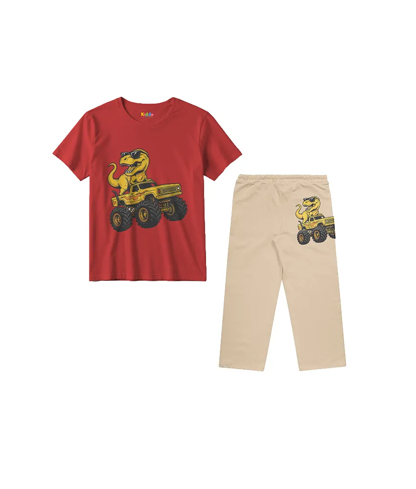 Kids Dino Truck Co-Ord Set – Red T-Shirt & Beige Trouser